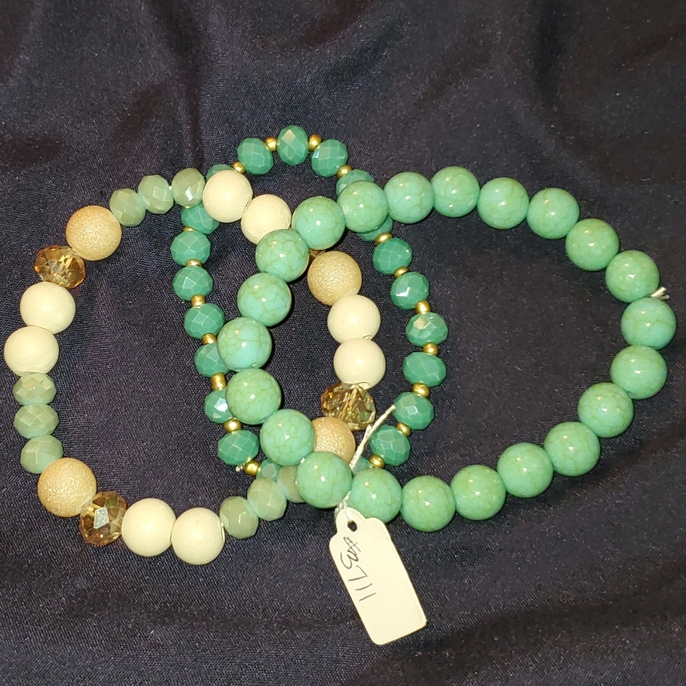 3pc. Mint & Natural Beads Stretch Bracelets